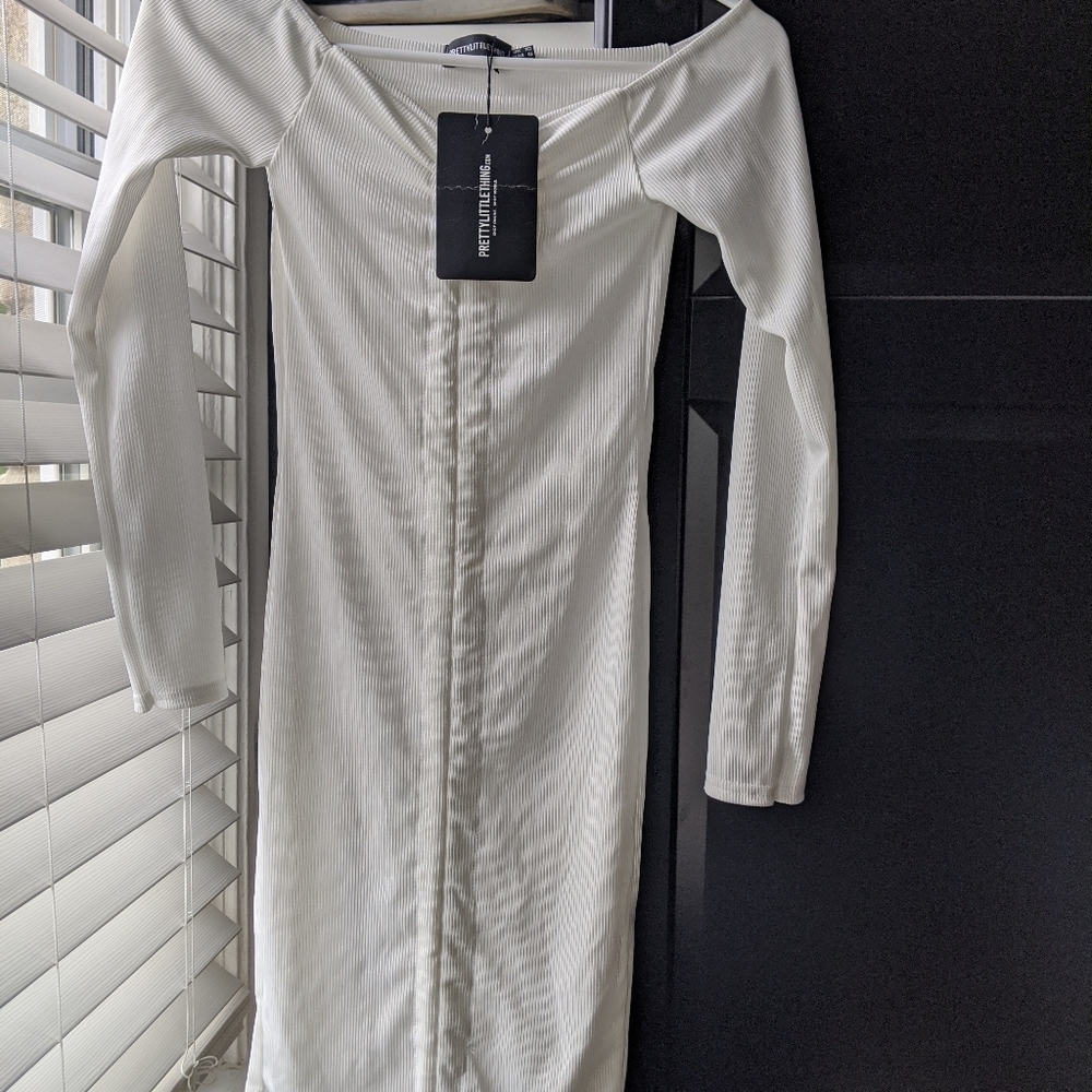White Ribbed Long Sleeve Ruched Bodycon Dress